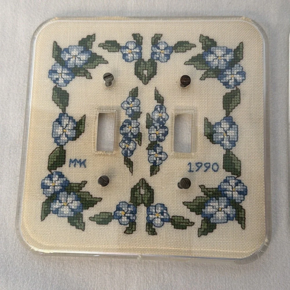 Vtg Finished Cross Stitch Single Toggle Light Switch Cover Floral Completed 1990